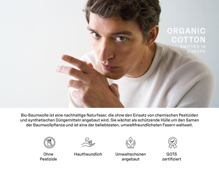 Heller Organic Cotton Pullover am Mann, umweltfreundlich gefertigt und weich auf der Haut für natürliche Premium Qualität.
