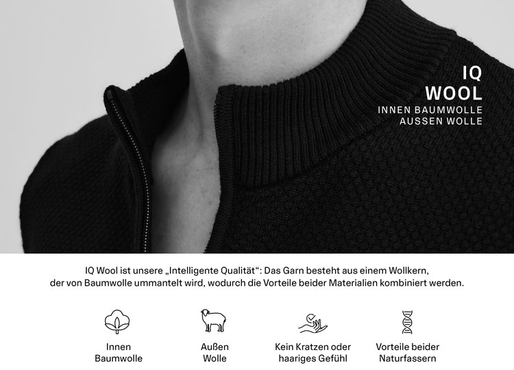 IQ Wool ist unsere „Intelligente Qualität": Das Garn besteht aus einem Wollkern, der von Baumwolle ummantelt wird, wodurch die Vorteile beider Materialien kombiniert werden.
