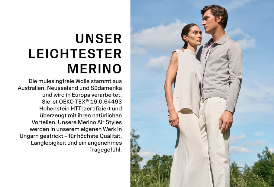 Leichte Merino Air Outfits an Frau und Mann vor blauem Himmel – extrafeine Merinowolle für komfortable Everyday Looks.
