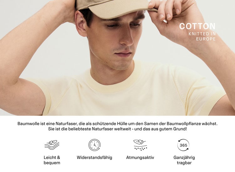 Helles Cotton T Shirt an einem Mann, in Europa gefertigt und angenehm weich für moderne, nachhaltige Premium Qualität.