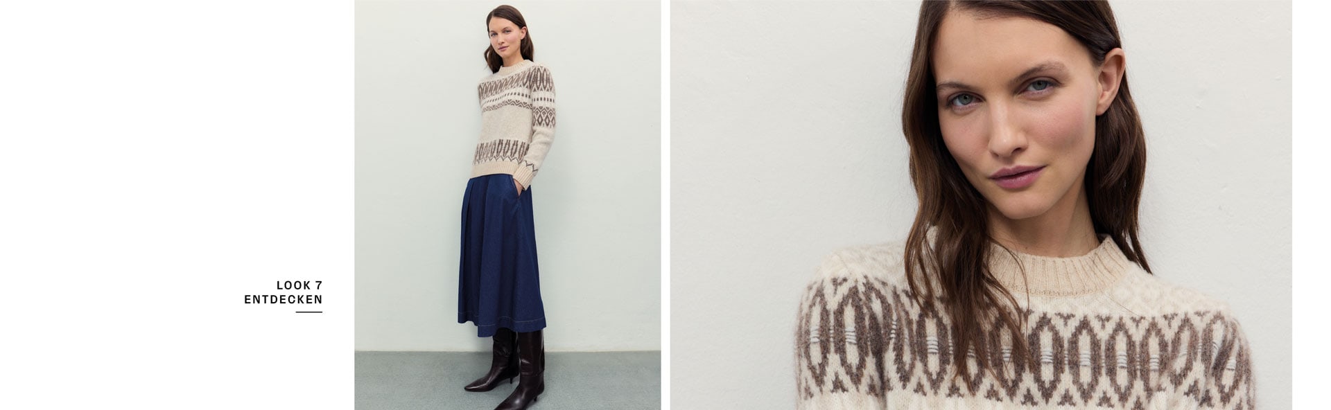 Favourite New Look Frau in beigem Strickpullover mit dunklem Jacquard-Muster aus 100 % Schurwolle, blauem Jeansrock und braunen Lederstiefeln vor heller Wand.