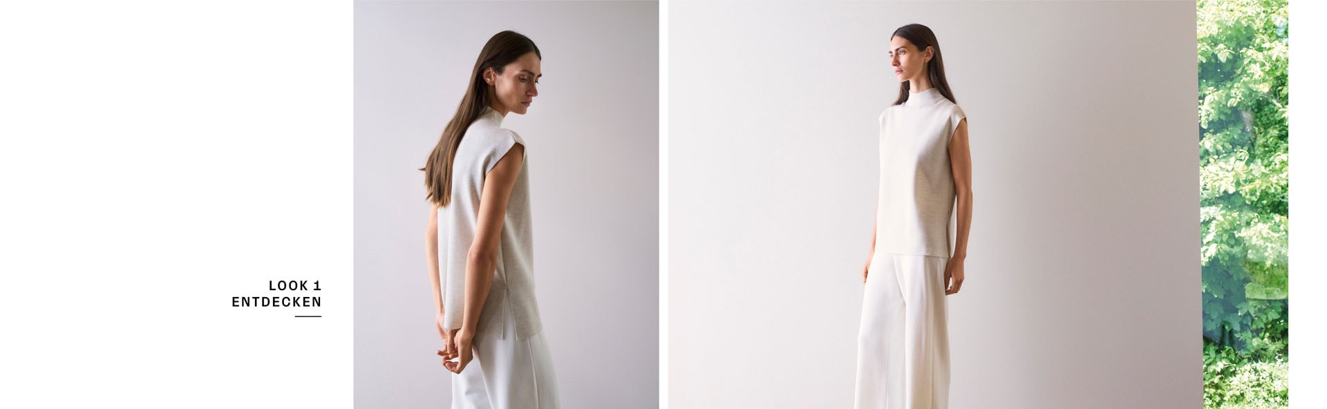 Look 1 entdecken: Frau in hellem Stricktop und weiter Hose, minimalistisch im Studio inszeniert – hochwertige Knitwear für moderne Premium Looks.