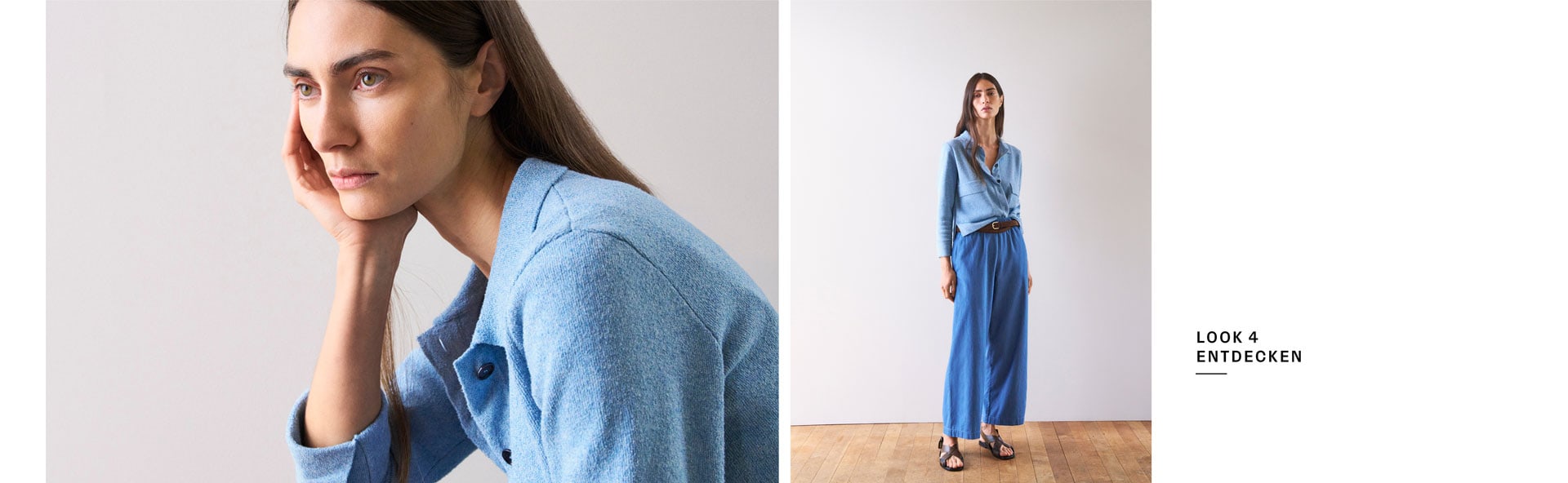 Look 4 entdecken: Frau im hellblauen Strickhemd und weiter Hose, modern und lässig kombiniert – leichter, hochwertiger Knit Denim für zeitlose Premium Ästhetik.