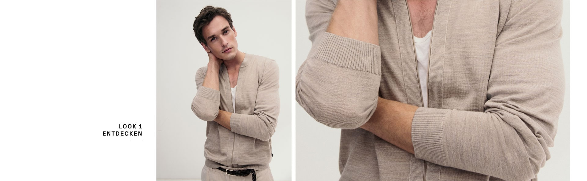 Look 1 entdecken: Mann in leichter Strickjacke und weißem Shirt, modern und entspannt inszeniert für eine natürliche, hochwertige Premium Ästhetik.