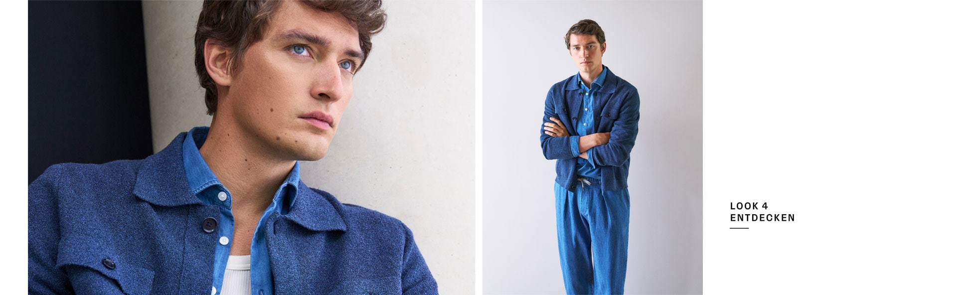 Look 4 entdecken: Mann im kompletten Knitted Denim Set mit Hemd, Jacke und Hose – moderne, strukturierte Premium Knitwear in ikonischem Blau.