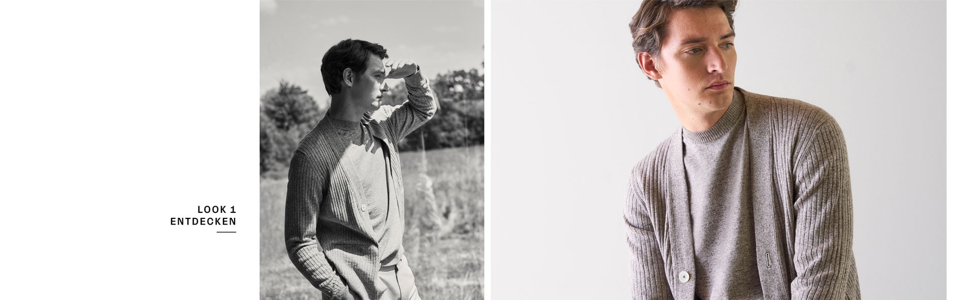 Look 1 entdecken: Our Favourite New Looks. Mann in feiner Strickjacke und heller Hosen, lässig im modernen Indoor Setting präsentiert.