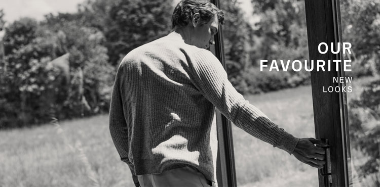 Our Favourite New Look: Mann im strukturierten Strickoberteil am offenen Türrahmen, ruhig vor weiter Natur inszeniert – neben der Headline ‘OUR FAVOURITE NEW LOOKS’.