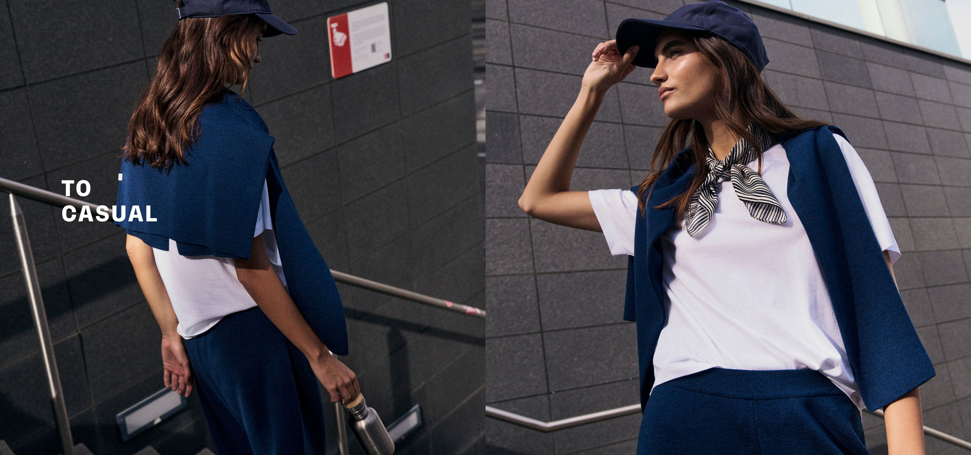 Frau in TO CASUAL Looks mit navyfarbener Strickjacke, weißem Shirt und Cap, urban auf Treppe und vor Fassade inszeniert – einmal seitlich, einmal frontal.