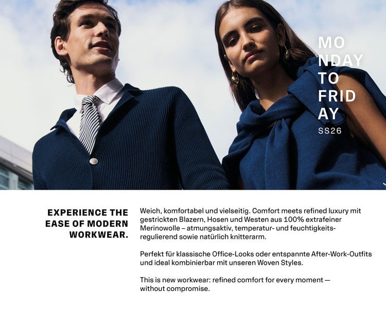 Mann und Frau in modernen Monday‑to‑Friday Looks mit strukturierten Strick‑ und Blazerstyles, urban inszeniert unter der Headline ‘MONDAY TO FRIDAY SS26’.