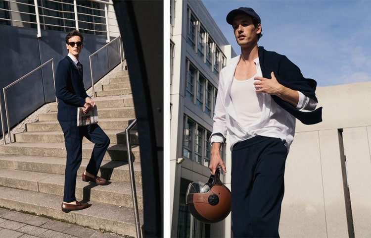 Mann im Monday‑to‑Friday Look, einmal als smartes Office‑Outfit, einmal lässig für die Freizeit – moderner urbaner Herrenstyle.