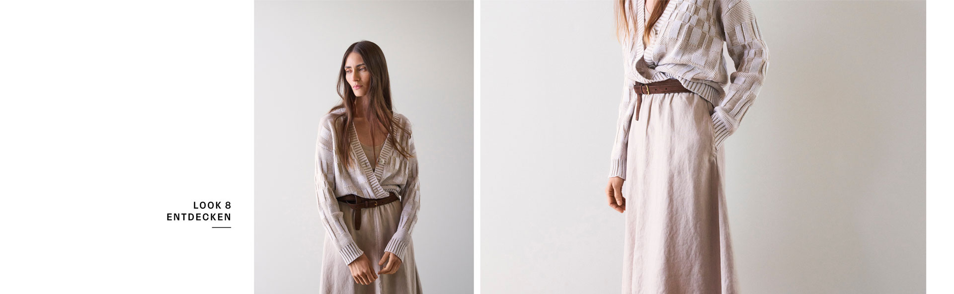 Look 8 entdecken: Our Favourite New Looks. Frau in heller Strickjacke mit grafischen Muster und langem Rock, locker gestylt mit Gürtel und Sandalen, ruhig im Studio inszeniert.