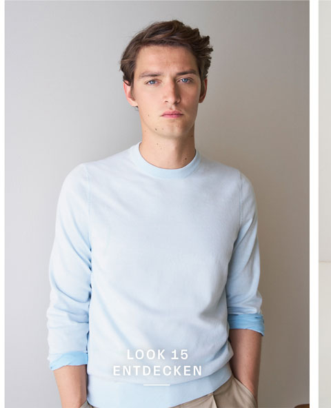 Look 15 Entdecken: Mann im hellblauen Feinstrick Pullover, klar und modern inszeniert – hochwertige Herren Knitwear für zeitlose Premium Looks.