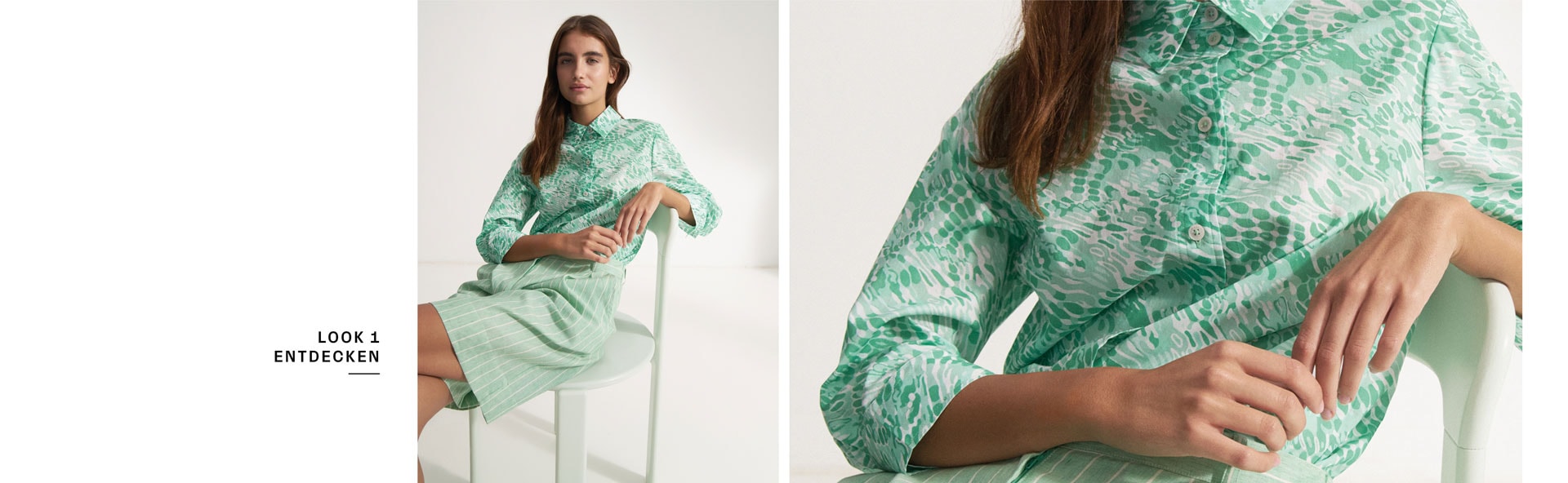 Look 1 entdecken: Our Favourite New Looks: Frau im mintfarbenen, gemusterten Sommerhemd mit Midishorts, entspannt auf Stuhl inszeniert – moderner Premium Look zum Nachstylen.