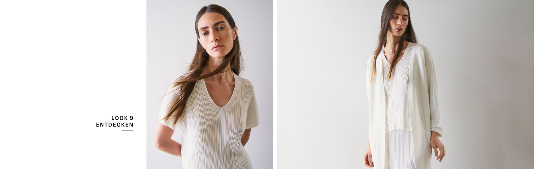 Look 9 entdecken: Our Favourite New Looks: Frau in langem, cremefarbenem Strick Ensemble mit offenem Cardigan, ruhig im Studio vor heller Wand inszeniert, leichte Premium Strickqualität.