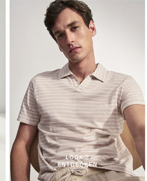 Look 3 entdecken: Our Favourite New Looks: Mann im gestreiften Poloshirt und heller Hose, reduziert im Studio inszeniert – zeitloser Look zum Nachstylen.