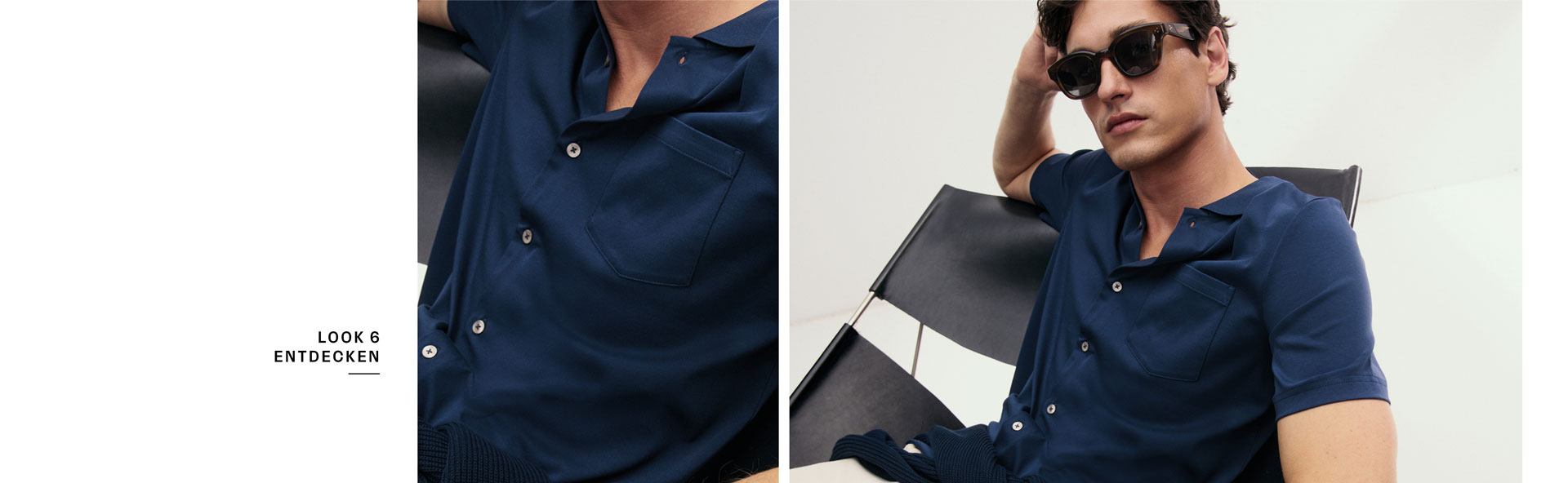 Look 6 entdecken: Our Favourite New Looks: Mann im navyfarbenen Stricktop und heller Hose, locker im Designerstuhl positioniert, minimalistisches Studio Setting.