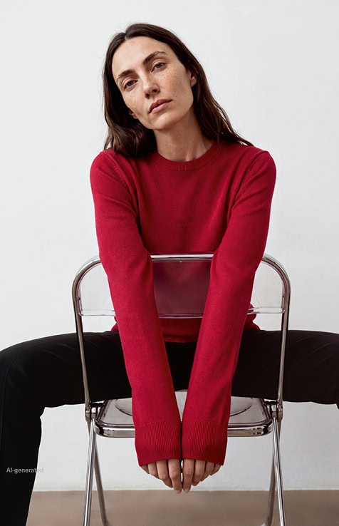 Favourite New Look Women: Frau im roten Feinstrickpullover, lässig auf Stuhl inszeniert, moderner Premium Look zum Nachstylen.