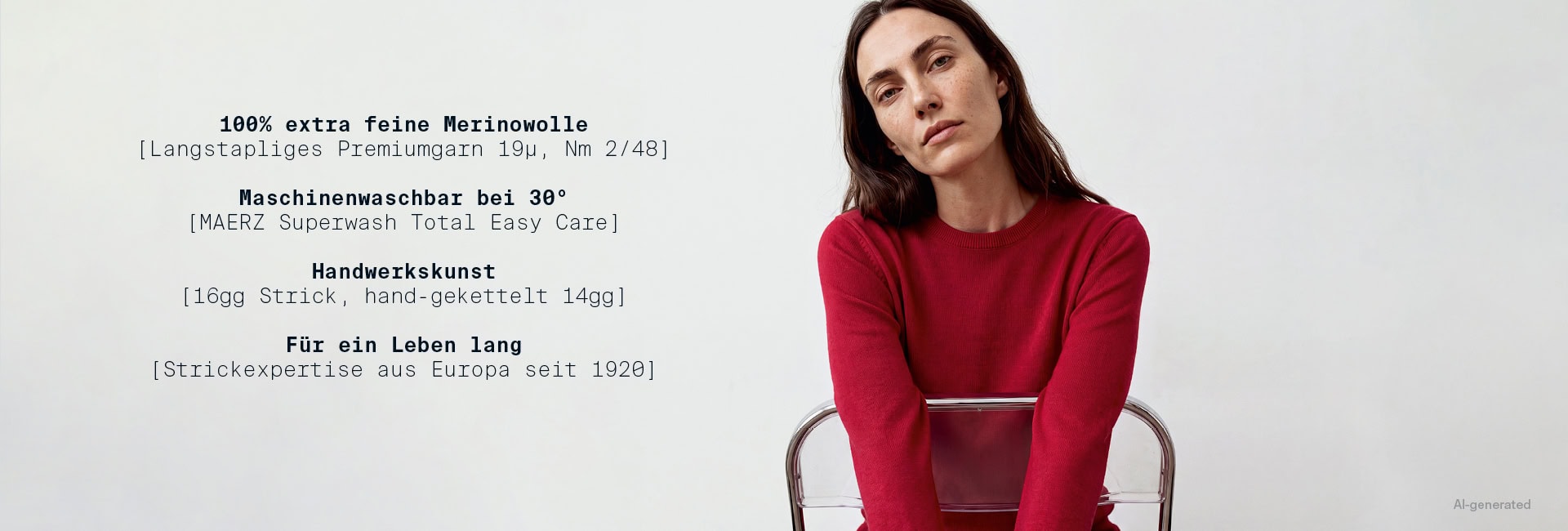 MERINO SUPERWASH CLOUD: Frau im feinen Strick aus 100 % extrafeiner Merinowolle, präsentiert mit Informationen zu Easy Care, Handwerkskunst und Langlebigkeit.