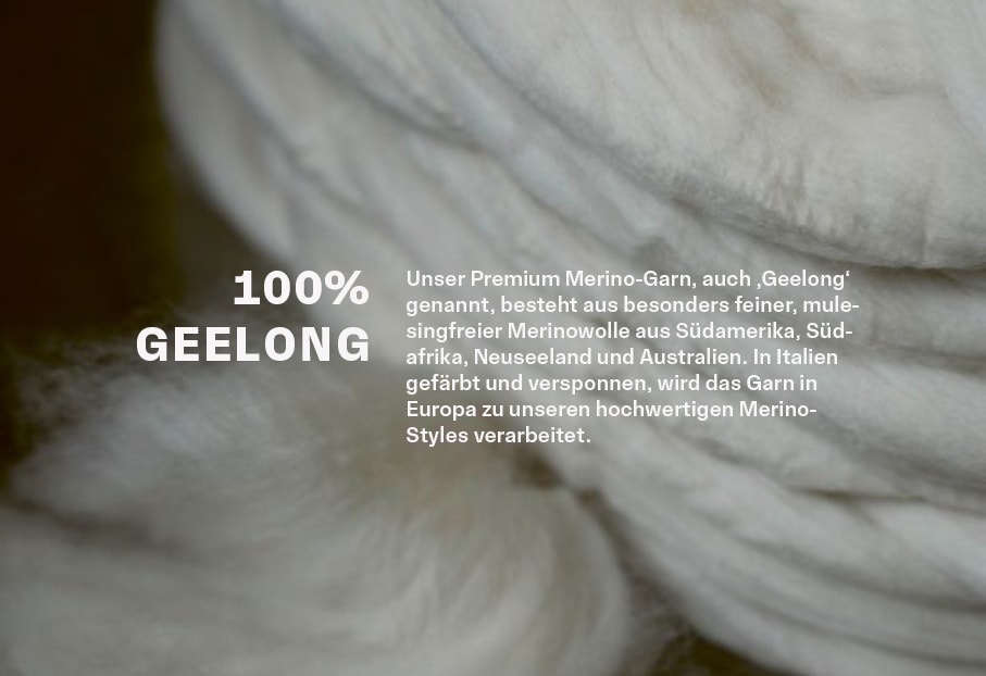 PREMIUM MERINOS: Detailansicht feiner Geelong‑Merinowolle mit Informationen zu 100 % Geelong‑Garn, mulesingfreier Merinowolle und europäischer Verarbeitung.