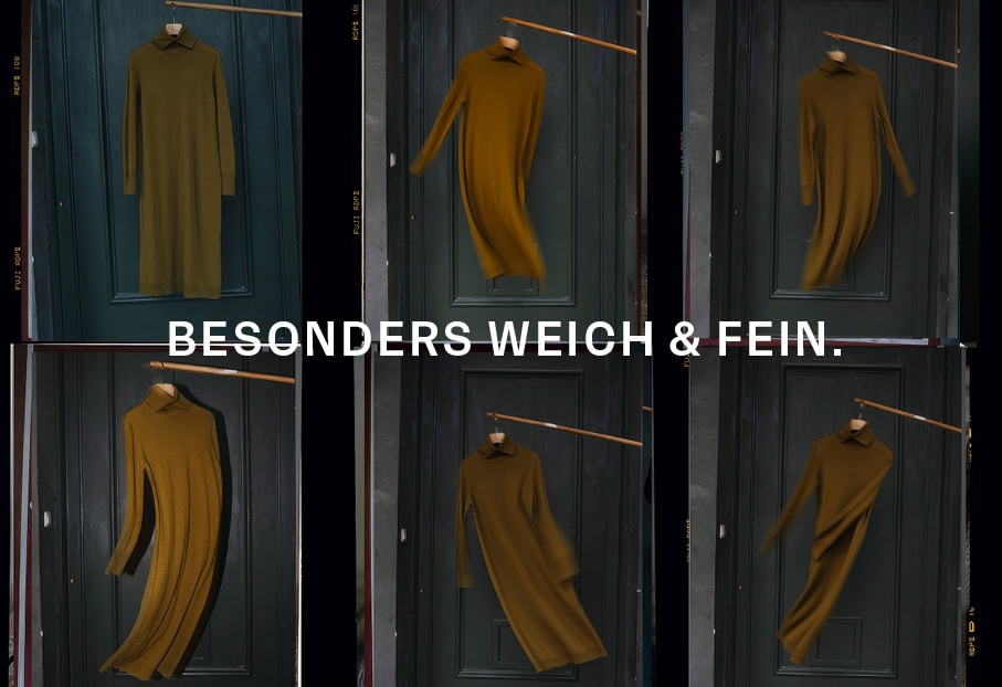 PREMIUM MERINOS: Collage mit feinen Strickkleidern, ergänzt durch den Hinweis ‚Besonders weich & fein‘.“