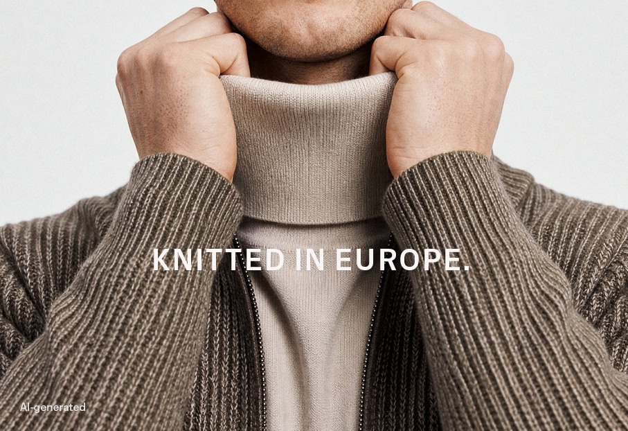 CRAFTED MERINOS: Detailansicht eines gerippten Strickcardigans über hellem Rollkragenpullover, hochwertige Premium Knitwear aus Europa.