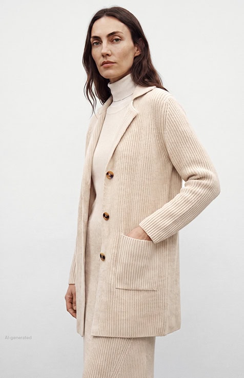 Favourite New Looks Women: Frau im cremefarbenen Strick Tailoring mit Rollkragen und Langer Strickjacke, reduziert vor hellem Hintergrund präsentiert.