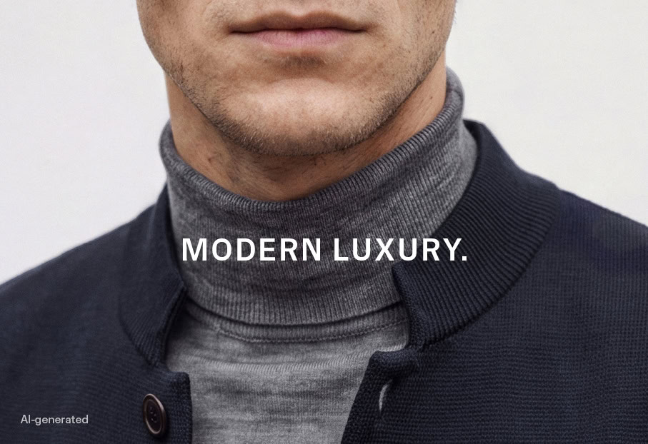 LUXURY WOOL: Detailansicht eines Feinstrick‑Looks aus Merino, Seide und Cashmere, ergänzt durch den Schriftzug ‚MODERN LUXURY‘.