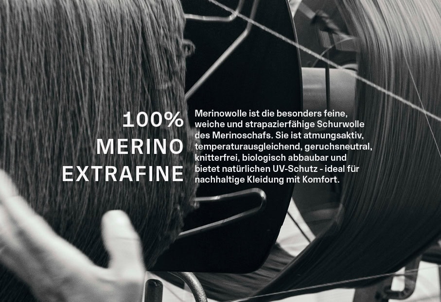 MADE IN GERMANY: Detailansicht der Garnfertigung mit Informationen zu 100 % Merino extrafine, atmungsaktiver Schurwolle und nachhaltiger Premium‑Qualität.