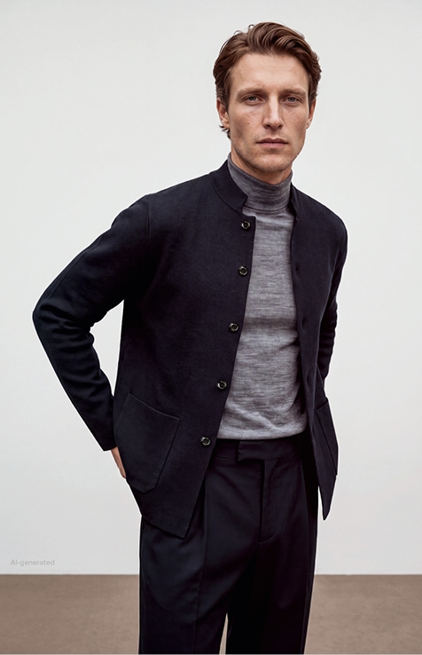 Favourite New Looks Men: Mann in navyfarbener Strickjacke über grauem Rollkragenpullover, modern und reduziert im Studio inszeniert.