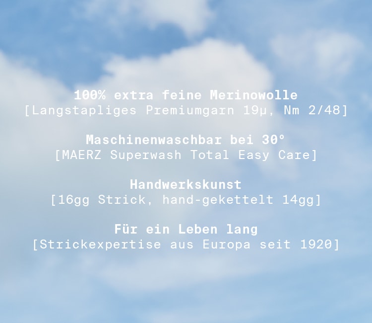 MERINO SUPERWASH CLOUD: Qualitätsübersicht zu extrafeiner Merinowolle, Maschinenwäsche bei 30 °C, Handwerkskunst und europäischer Strickkompetenz.