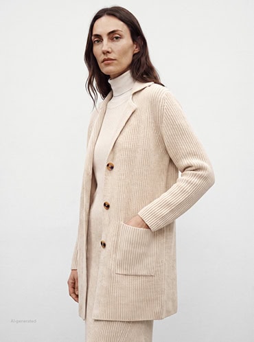 Favourite New Looks Women: Frau im cremefarbenen Strick Tailoring mit Rollkragen und Langer Strickjacke, reduziert vor hellem Hintergrund präsentiert.