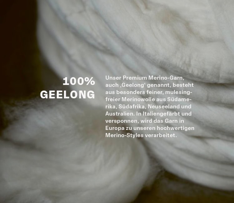 PREMIUM MERINOS: Detailansicht feiner Geelong‑Merinowolle mit Informationen zu 100 % Geelong‑Garn, mulesingfreier Merinowolle und europäischer Verarbeitung.