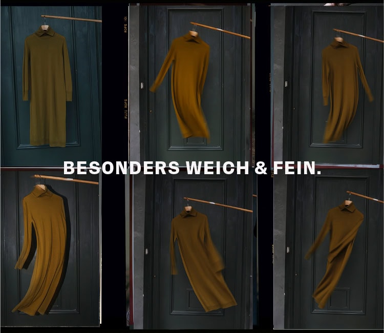 PREMIUM MERINOS: Collage mit feinen Strickkleidern, ergänzt durch den Hinweis ‚Besonders weich & fein‘.“