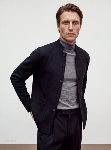 Favourite New Looks Men: Mann in navyfarbener Strickjacke über grauem Rollkragenpullover, modern und reduziert im Studio inszeniert.