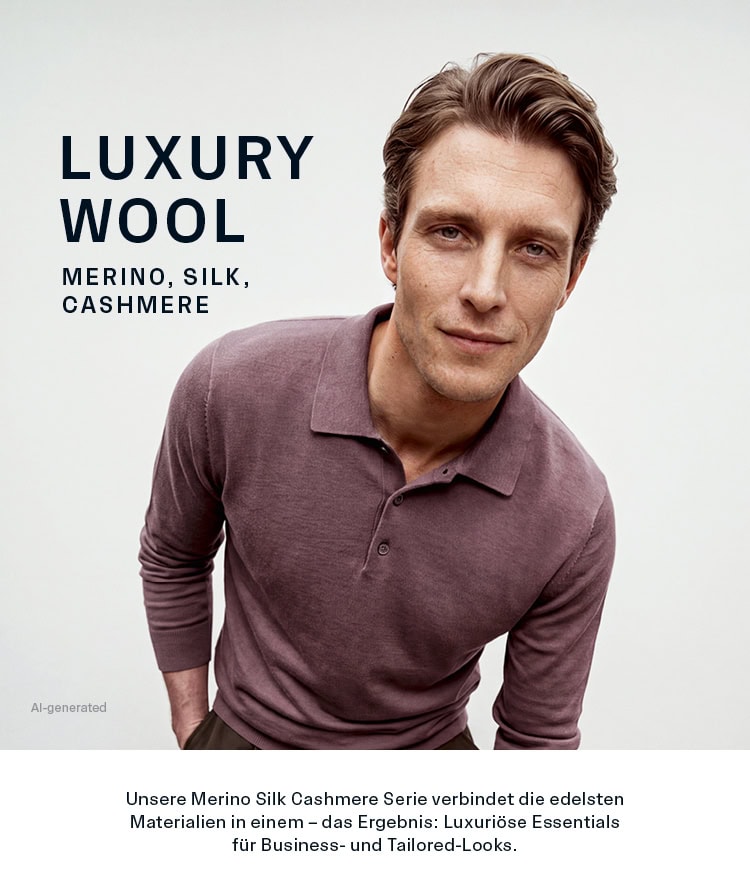 LUXURY WOOL Men: Mann im feinen Polostrick aus Merino, Seide und Cashmere vor hellem Hintergrund präsentiert. Luxuriöse Essentials für Business‑ und Tailored‑Looks.