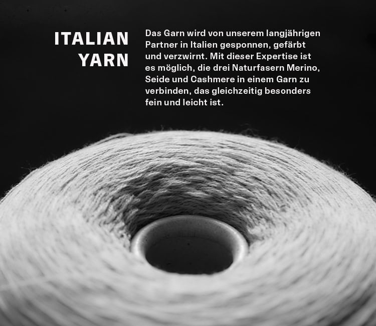 LUXURY WOOL: Detailansicht eines hochwertigen Garns aus Merino, Seide und Cashmere mit Informationen zur italienischen Garnverarbeitung und Strickexpertise.