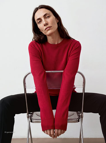 Favourite New Look Women: Frau im roten Feinstrickpullover, lässig auf Stuhl inszeniert, moderner Premium Look zum Nachstylen.