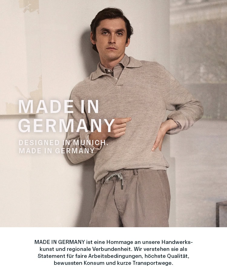 MADE IN GERMANY: Mann im Stricklook aus 100 % Virgin Wool extrafine, präsentiert als Symbol für Handwerkskunst, Qualität und regionale Verbundenheit.