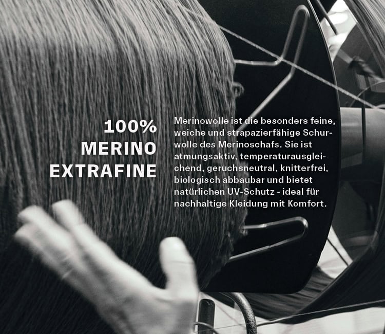 MADE IN GERMANY: Detailansicht der Garnfertigung mit Informationen zu 100 % Merino extrafine, atmungsaktiver Schurwolle und nachhaltiger Premium‑Qualität.