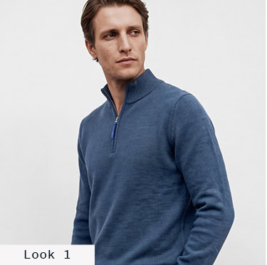 Look 1 English Formality Men: Mann im blauen Feinstrick‑Troyer mit Reißverschlusskragen vor hellem Hintergrund.