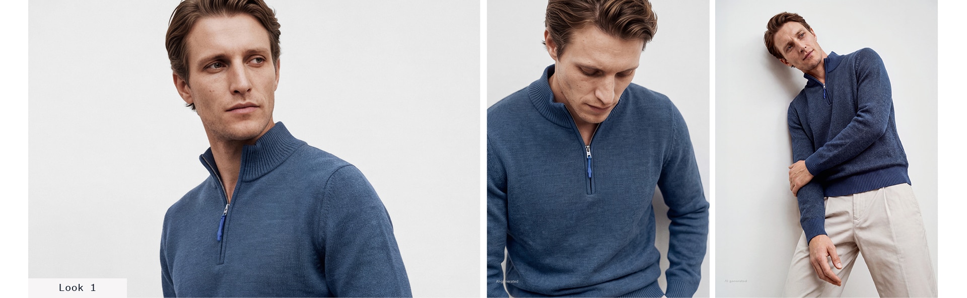 Look 1 Our Favourite New Looks Men: Collage eines Mannes im blauen Feinstrick‑Troyer mit Reißverschlusskragen in Detail‑, Seiten‑ und Gesamtansicht vor hellem Hintergrund.