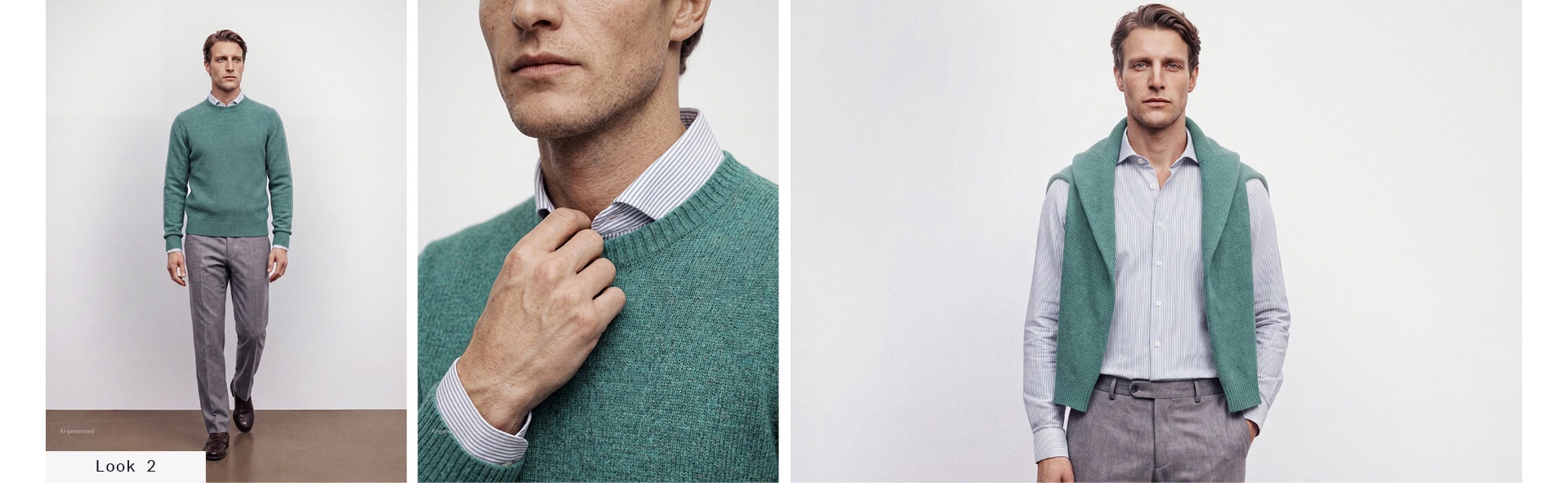 Look 2 Our Favourite New Looks Men: Collage eines Mannes im grünen Feinstrickpullover über hellem Hemd mit grauer Stoffhose vor hellem Hintergrund.