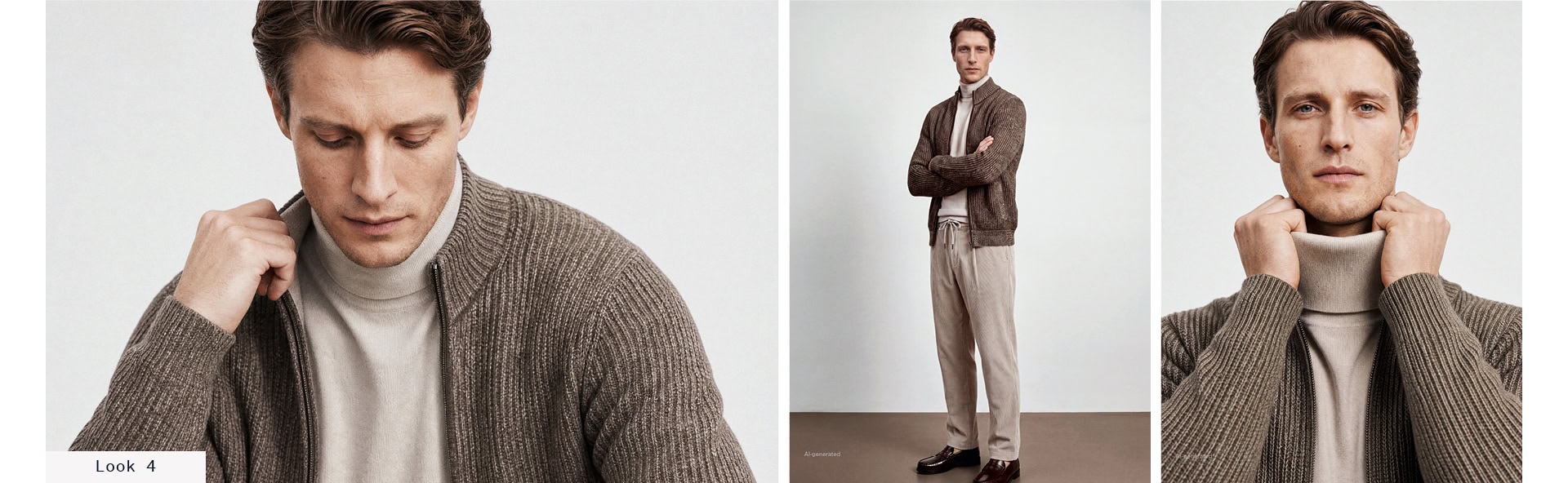 Look 4 Our Favourite New Looks Men: Collage eines Mannes in brauner Strickjacke über hellem Rollkragenpullover in Detail‑, Gesamt‑ und Nahansicht vor hellem Hintergrund.