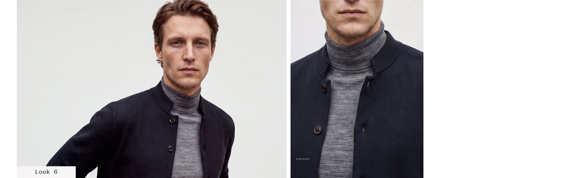 Look 6 Our Favourite New Looks Men: Collage eines Mannes in navyfarbener Strickjacke über grauem Rollkragenpullover in Detail‑ und Gesamtansicht vor hellem Hintergrund.
