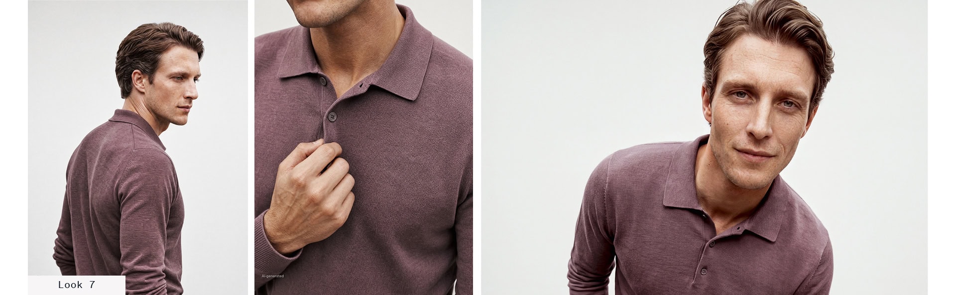Look 7 Our Favourite New Looks Men: Collage eines Mannes im mauvefarbenen Feinstrickpolo mit dunkler Stoffhose in Detail‑, Seiten‑ und Gesamtansicht vor hellem Hintergrund.