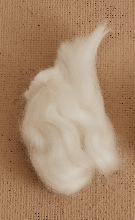 Nahaufnahme von weicher, weißer Merinowolle in loser Faserform auf braunem Hintergrund.