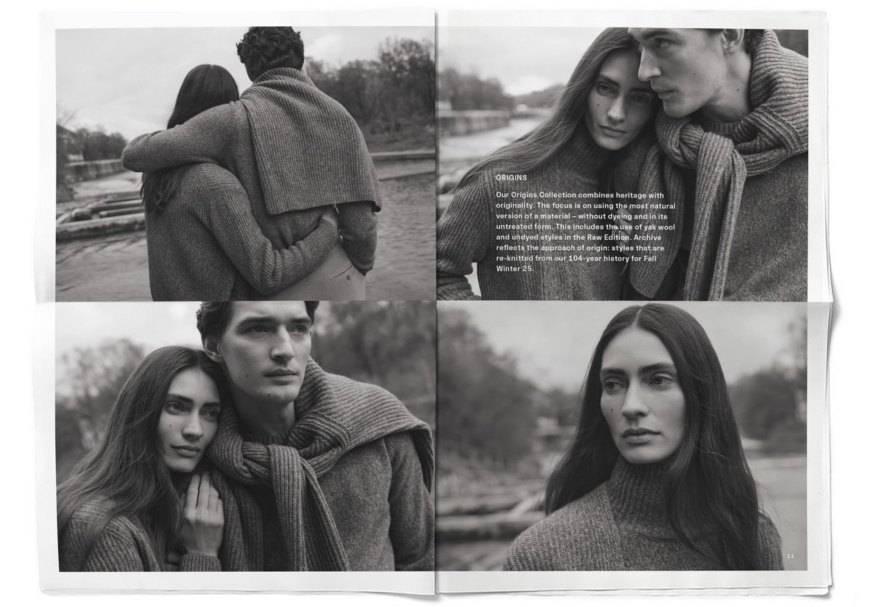 MAERZ_Paper_HW25_Mockup_S10-11 Schwarz-weiß-Foto der digitalen Zeitung Finest Knitwear since 1920 mit der Herbst/Winter-25-Kollektion. Auf der Doppelseite sind verschiedene Aufnahmen eines Paares in dunkler Strickmode zu sehen, das sich innig umarmt und Nähe vermittelt.