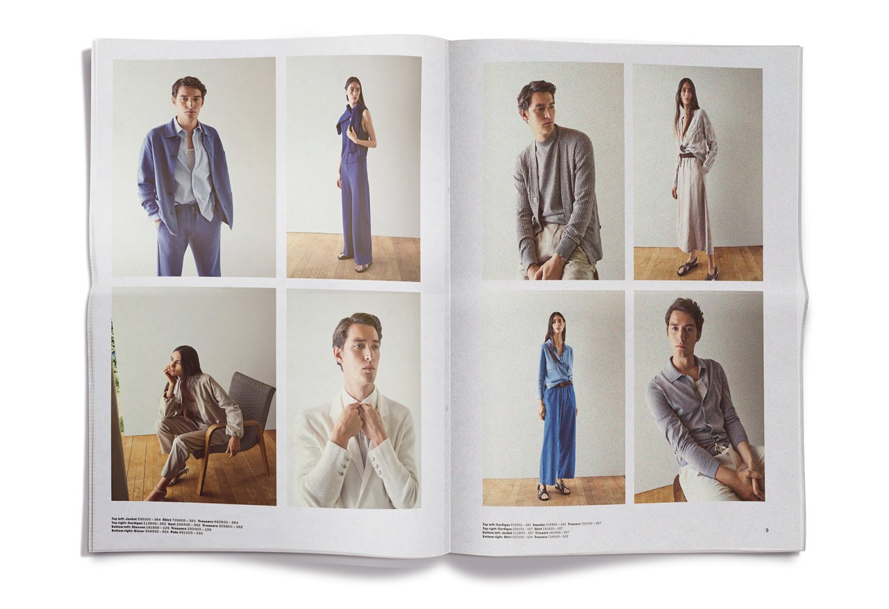 Frau und Mann in moderner Strick‑ und Sommerkollektion, als Studio‑Galerie in acht Looks präsentiert.