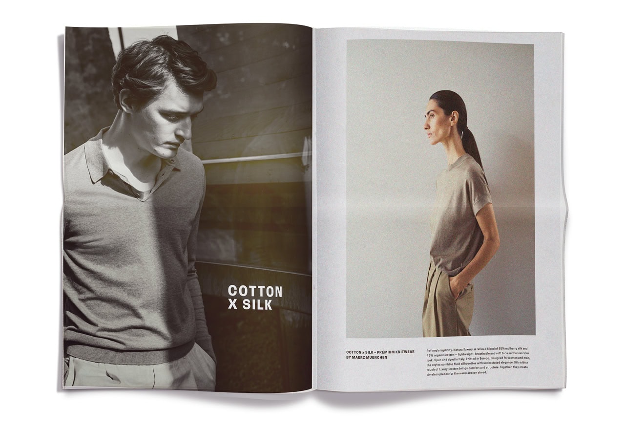 Rechts: Mann in leichtem Cotton‑x‑Silk Look, ruhig gezeigt unter der Headline ‚COTTON X SILK‘. Links: Frau in hellem Cotton‑x‑Silk Top, minimalistisch im Studio inszeniert mit begleitendem Kollektionstext.