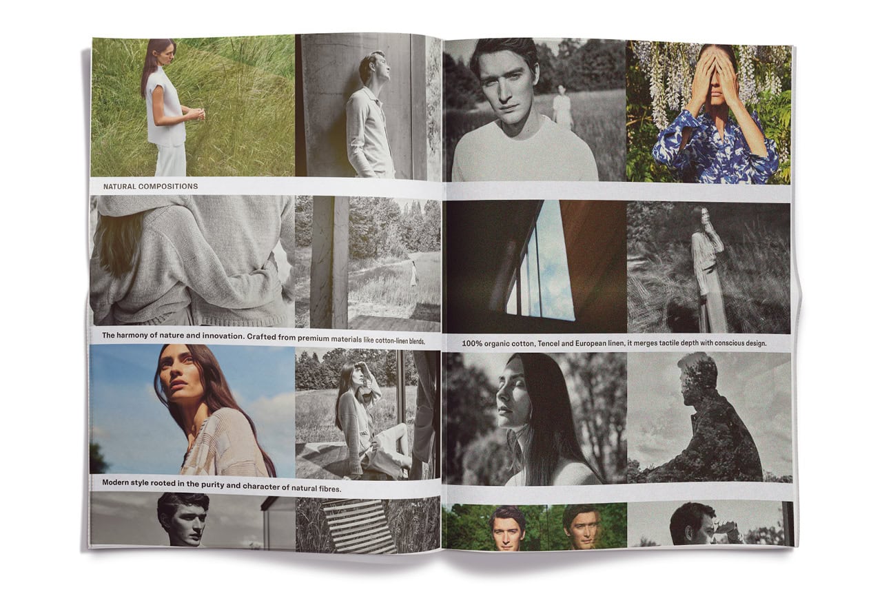 Frau und Mann in wechselnden Strick‑ und Sommerlooks in einer Collage aus Natur‑ und Architekturmotiven.